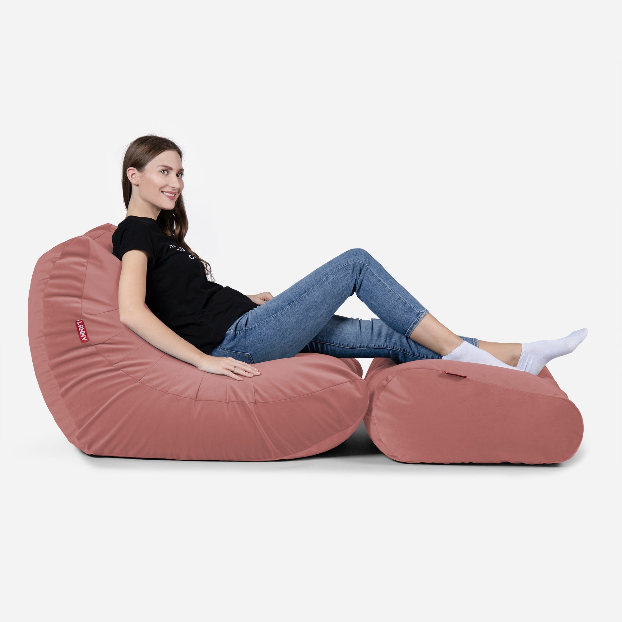 Beanbag Curvy Design Pink color with girl seating on it