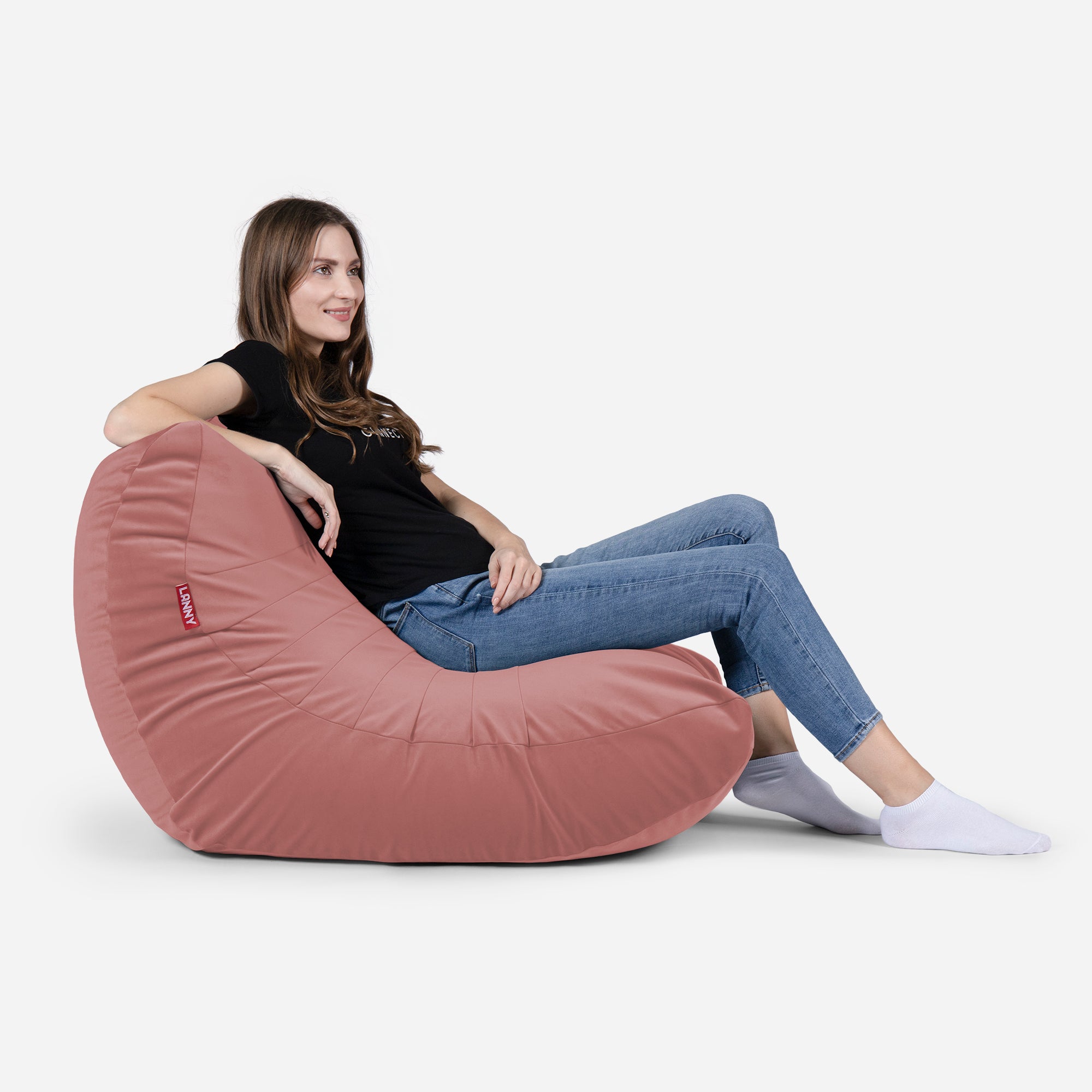 Beanbag Curvy Design Pink color with girl seating on it