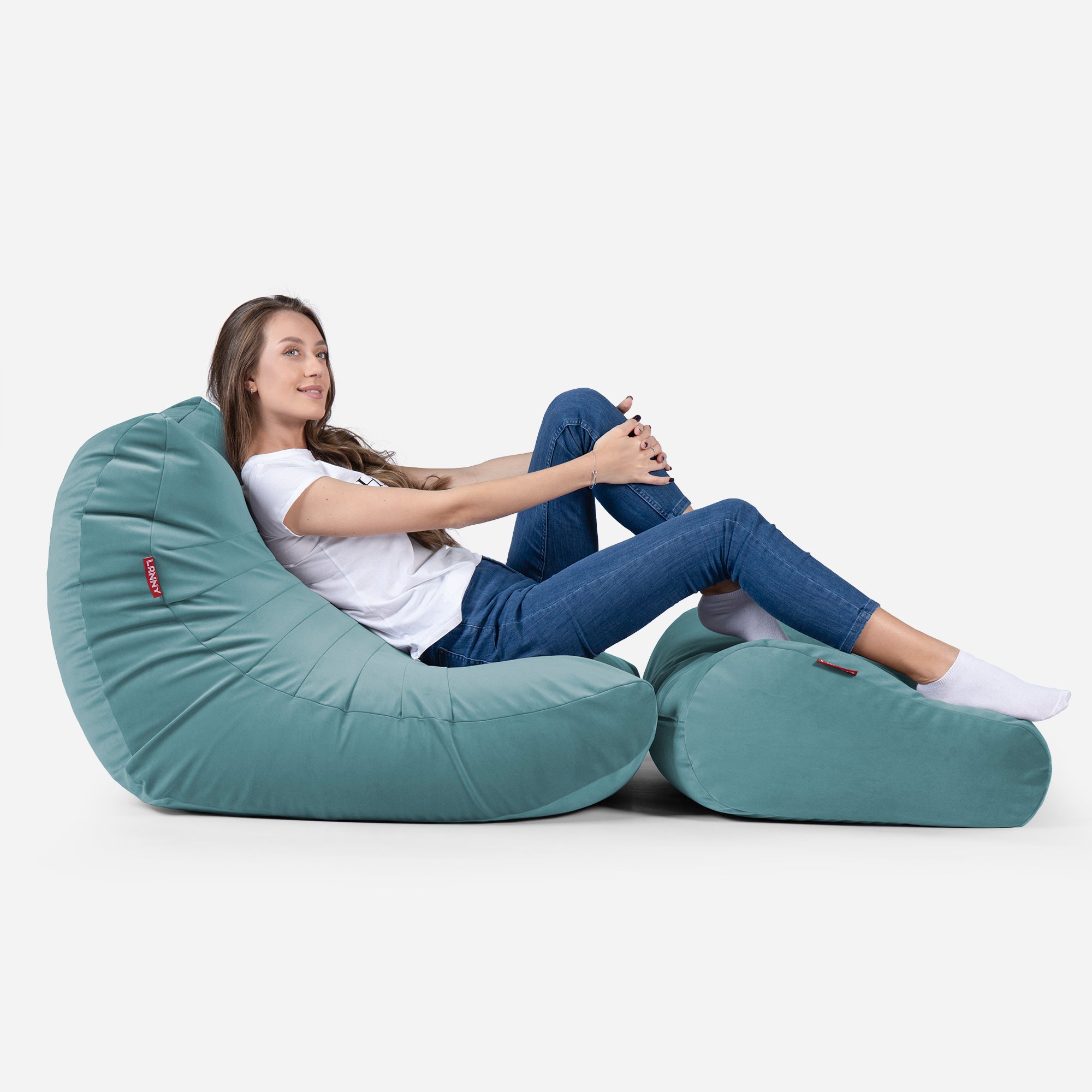 Beanbag Curvy Design Turquoise color with girl seating on it