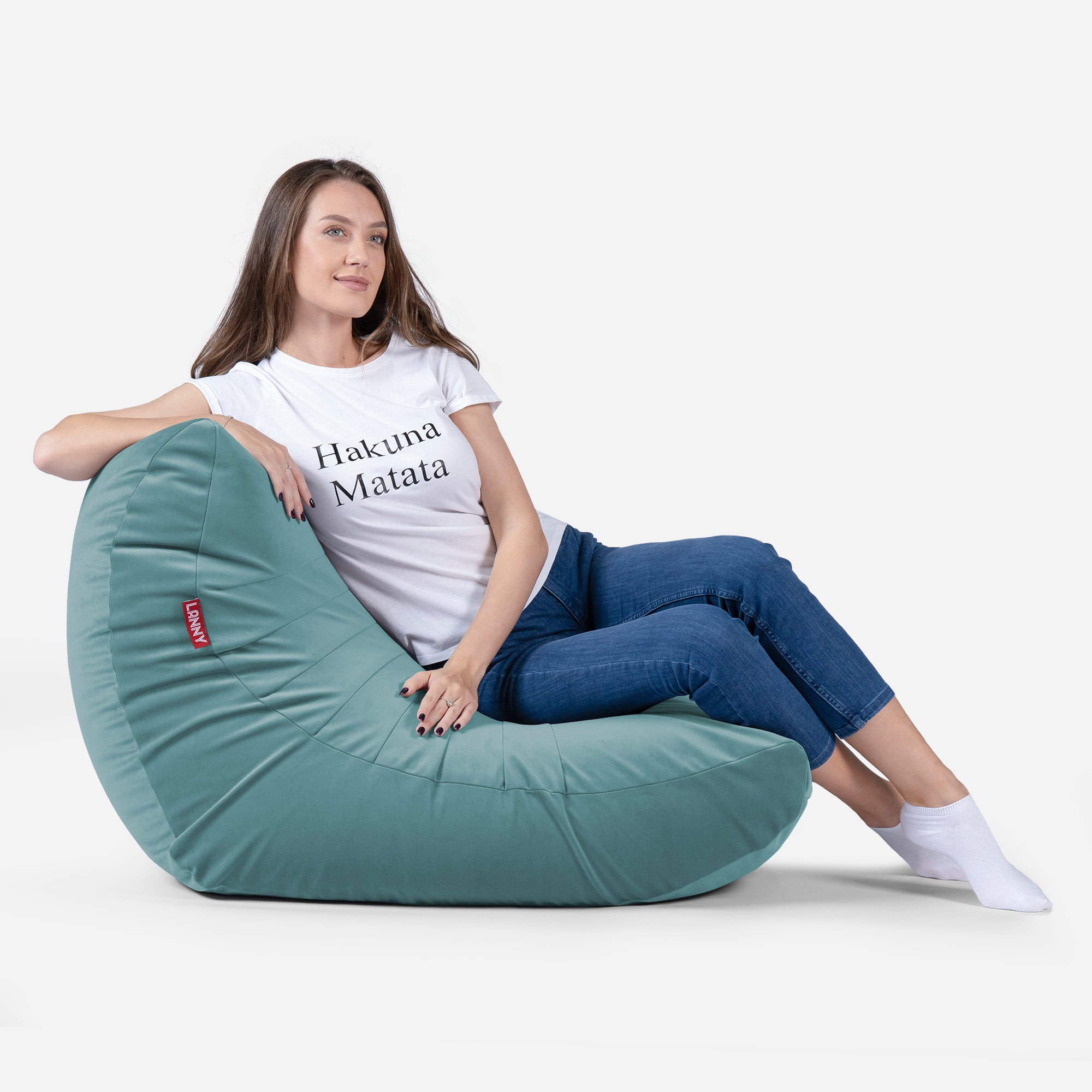 Beanbag Curvy Design Turquoise color with girl seating on it