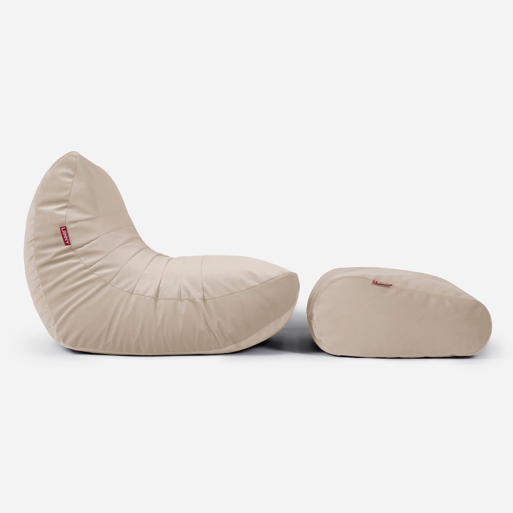 Curvy Velvet Beige Bean bag Chair & Footrest Set - Lanny Beanbag - Bean Bag Chairs