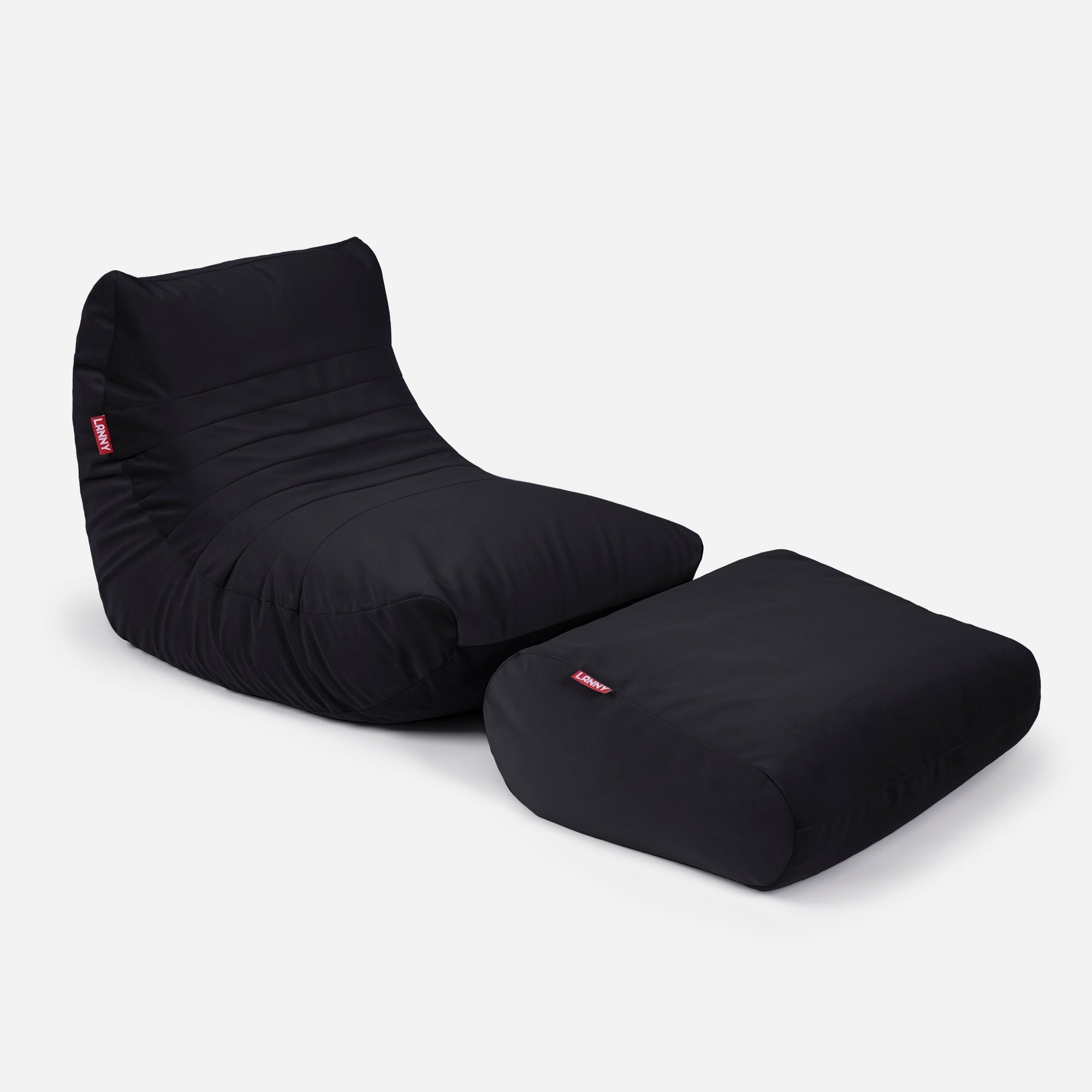 Curvy Velvet Black Bean bag Chair & Footrest Set - Lanny Beanbag - Bean Bag Chairs