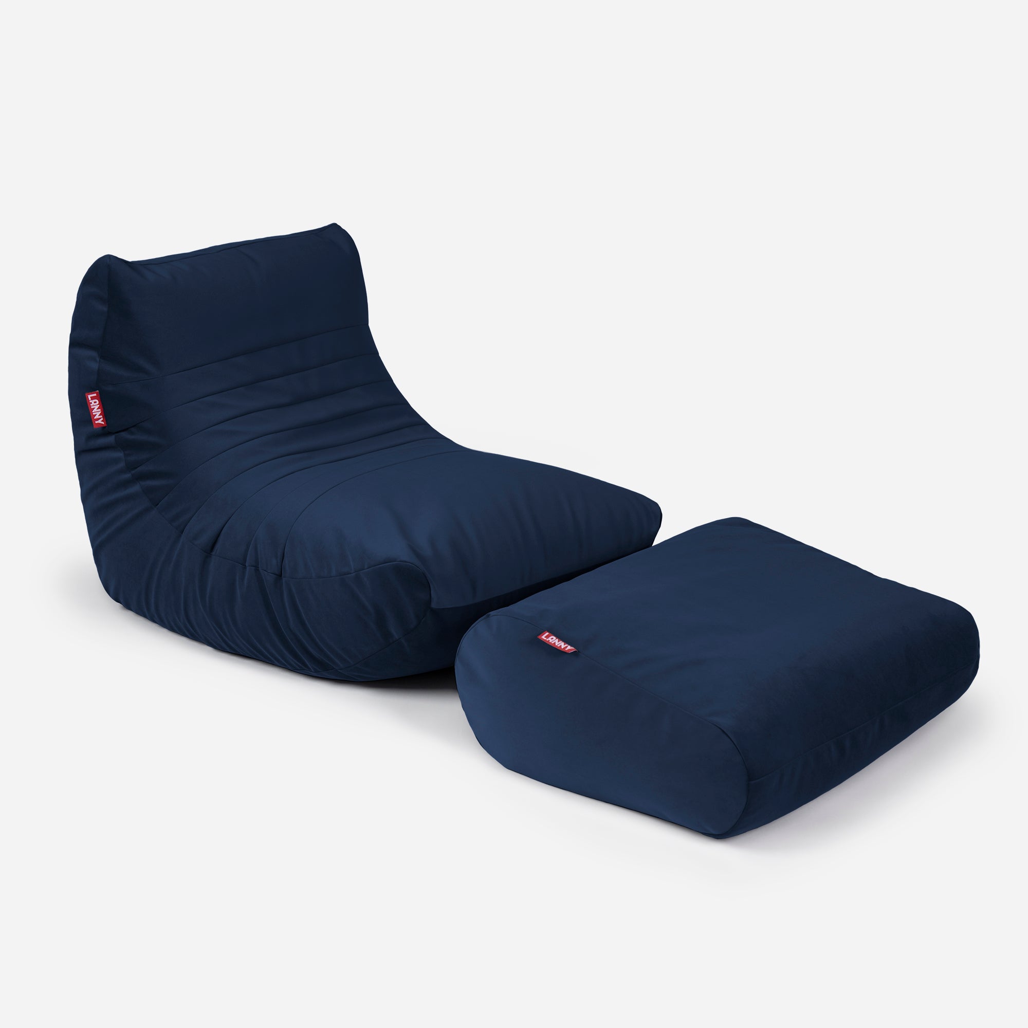 Curvy Velvet Blue Bean bag Chair & Footrest Set - Lanny Beanbag - Bean Bag Chairs