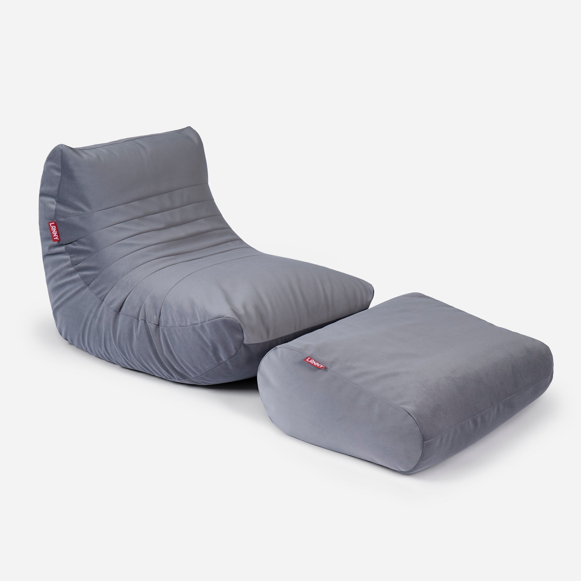 Curvy Velvet Gray Bean bag Chair & Footrest Set - Lanny Beanbag - Bean Bag Chairs