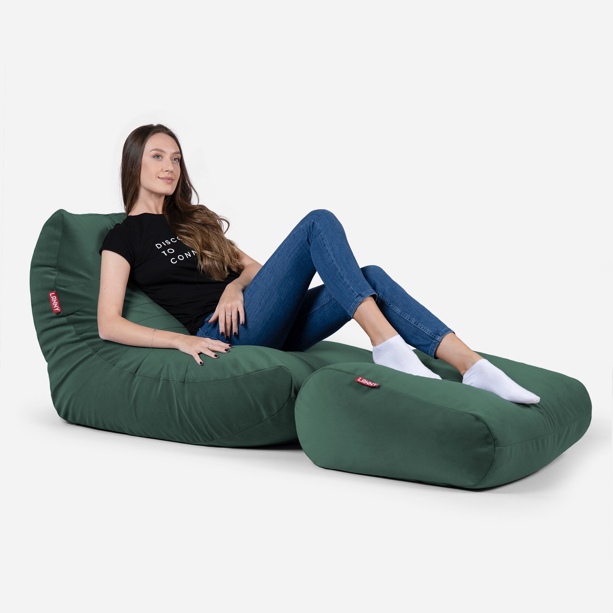 Curvy Velvet Green Bean bag Chair & Footrest Set - Lanny Beanbag - Bean Bag Chairs