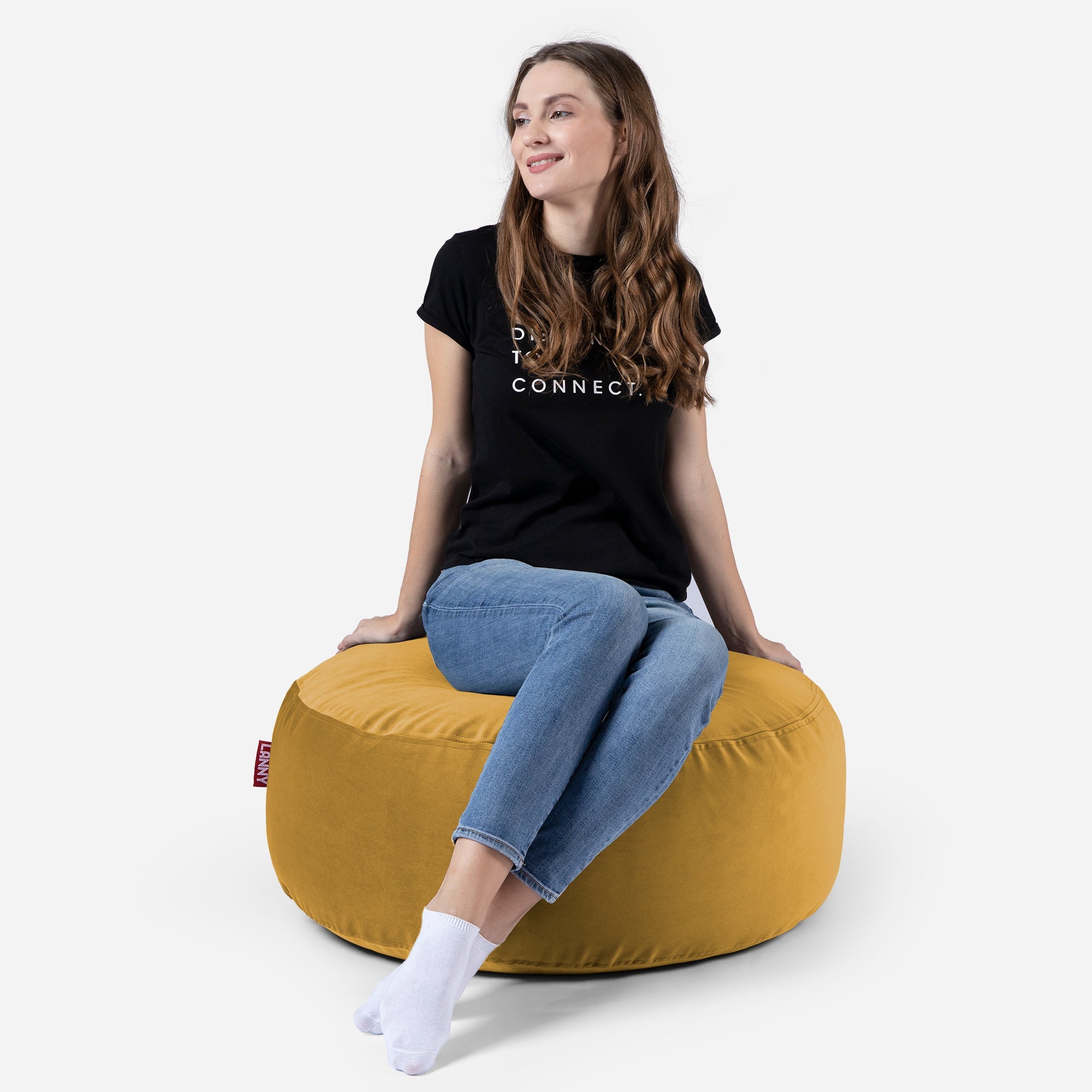 Short Velvet Mustard Pouf - Lanny Beanbag - Ottomans